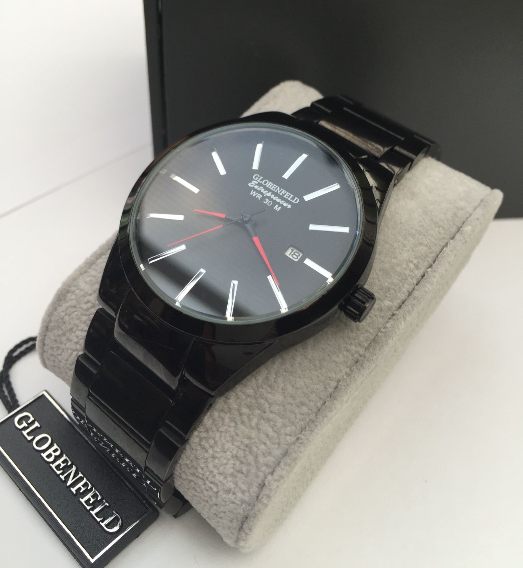 V Brand New Gents Globenfeld Black Face Red Hands Watch With Papers & Warranty