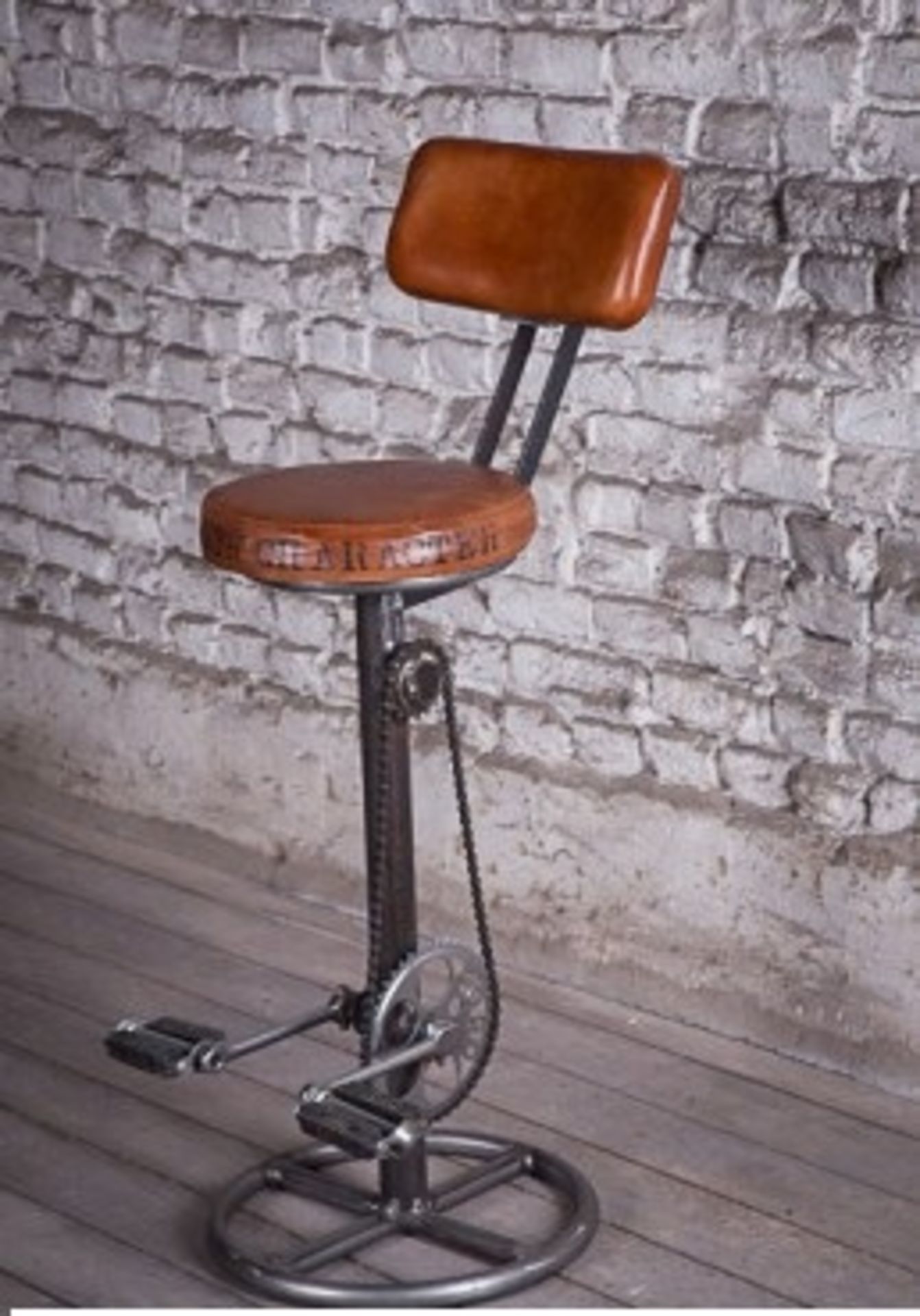 V Brand New Leather And Iron Pedal Bar Stool With Back Rest