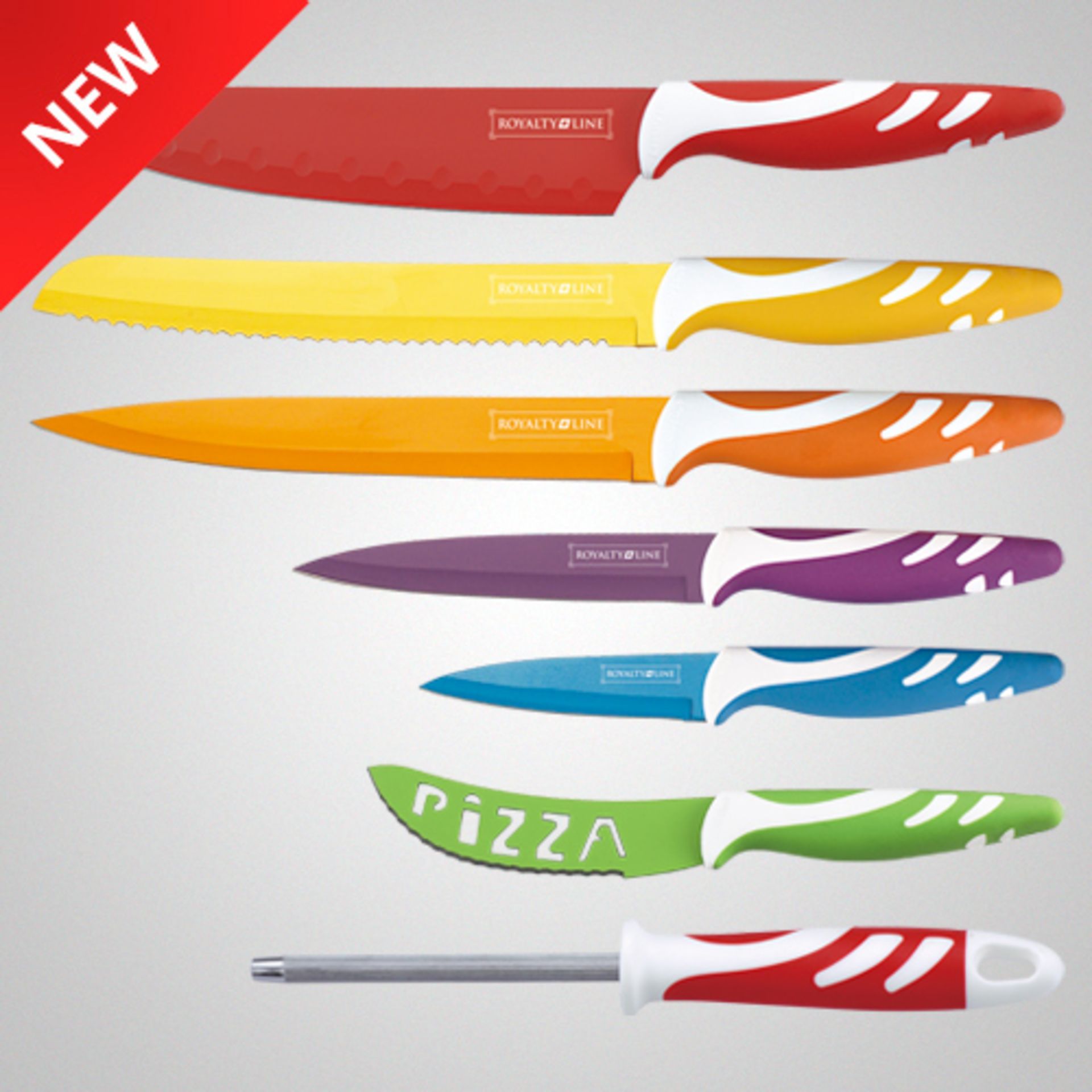 V *TRADE QTY* Brand New 8 Piece Non-Stick Coated Coloured Knife Set RRP169.00 Euros X100 Bid price