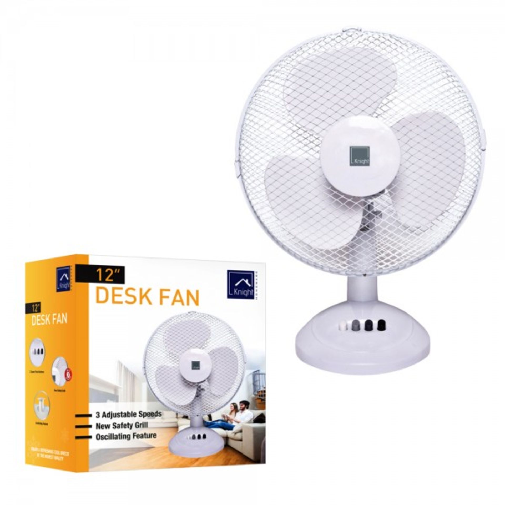 V Brand New 12" Desk Top Oscillating Three Speed Fan X 2 Bid price to be multiplied by Two