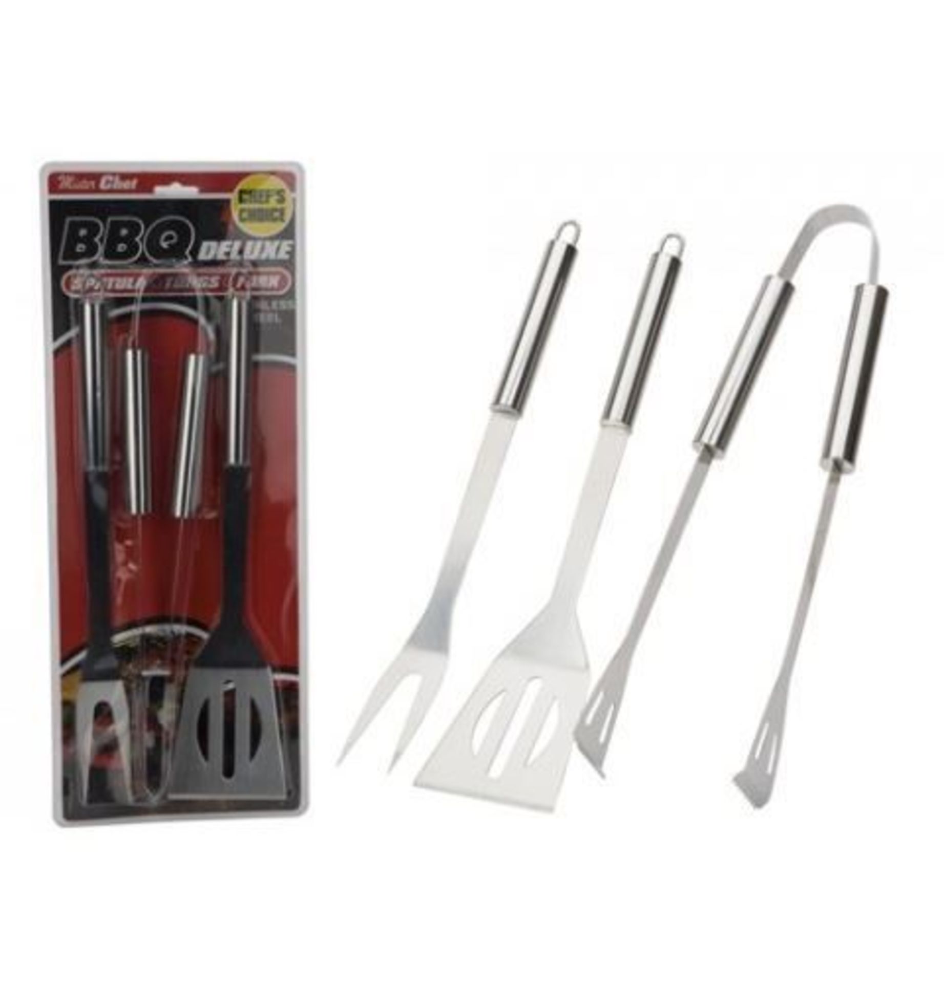 V *TRADE QTY* Brand New Stainless Steel Three Piece BBQ Tool Kit X 5 Bid price to be multiplied by