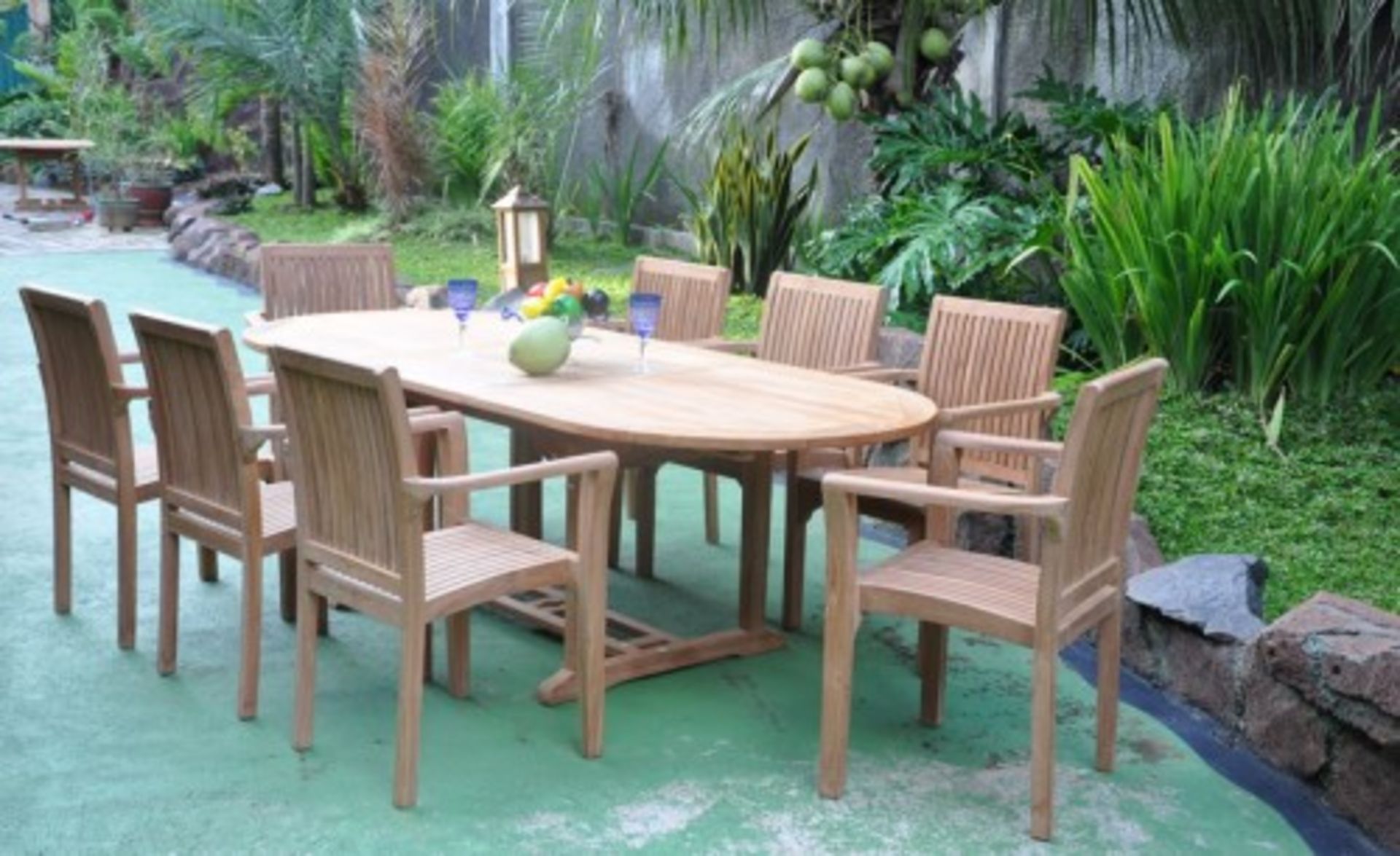 V Brand New Teak Extended Oval Table Set Allows For Up To 8 People including 8 stacking chairs and 8