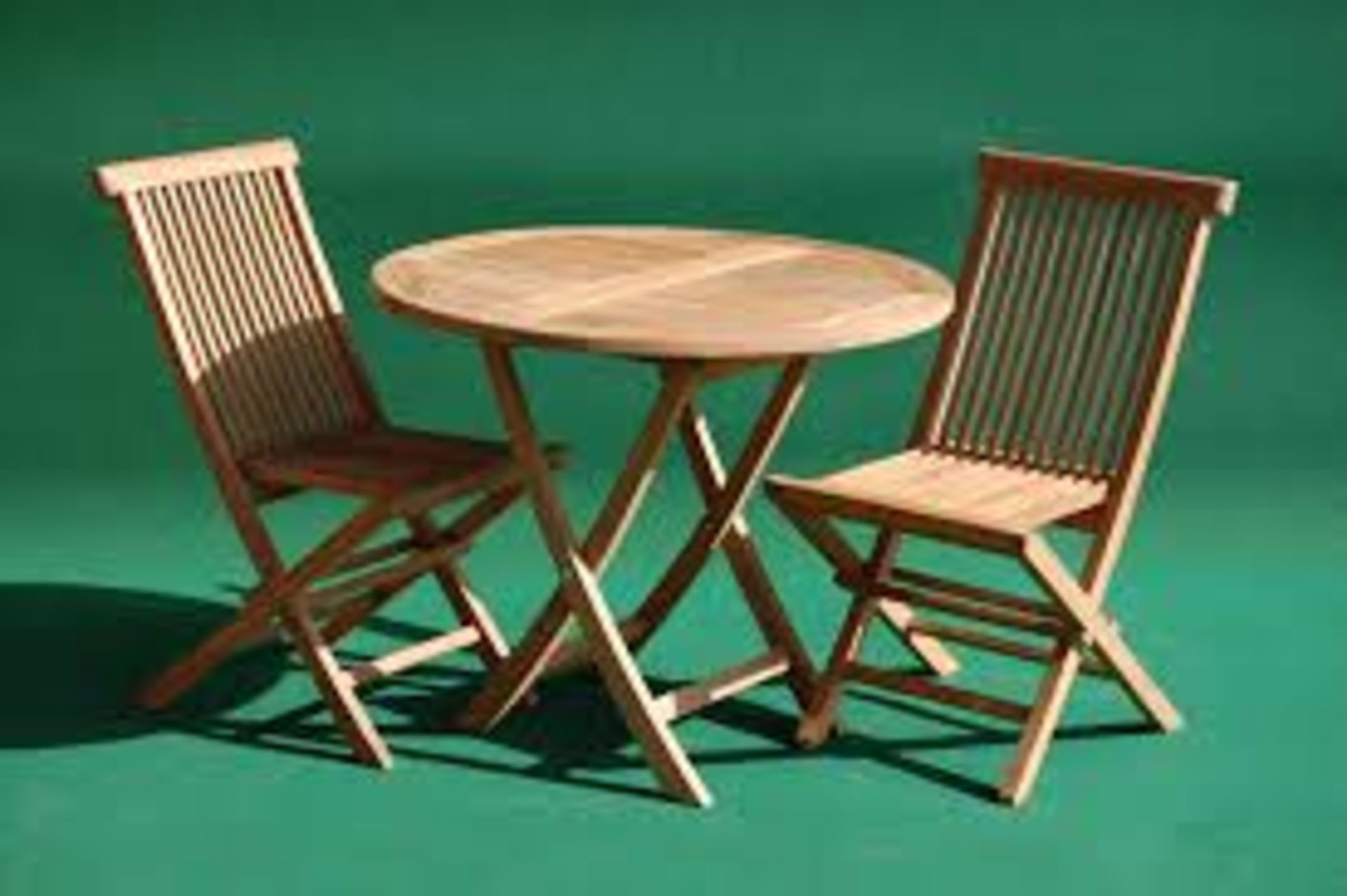 V Brand New Teak 90cm Folding Table Set / Including Two Folding Chairs & Two Cushions / NOTE: Item