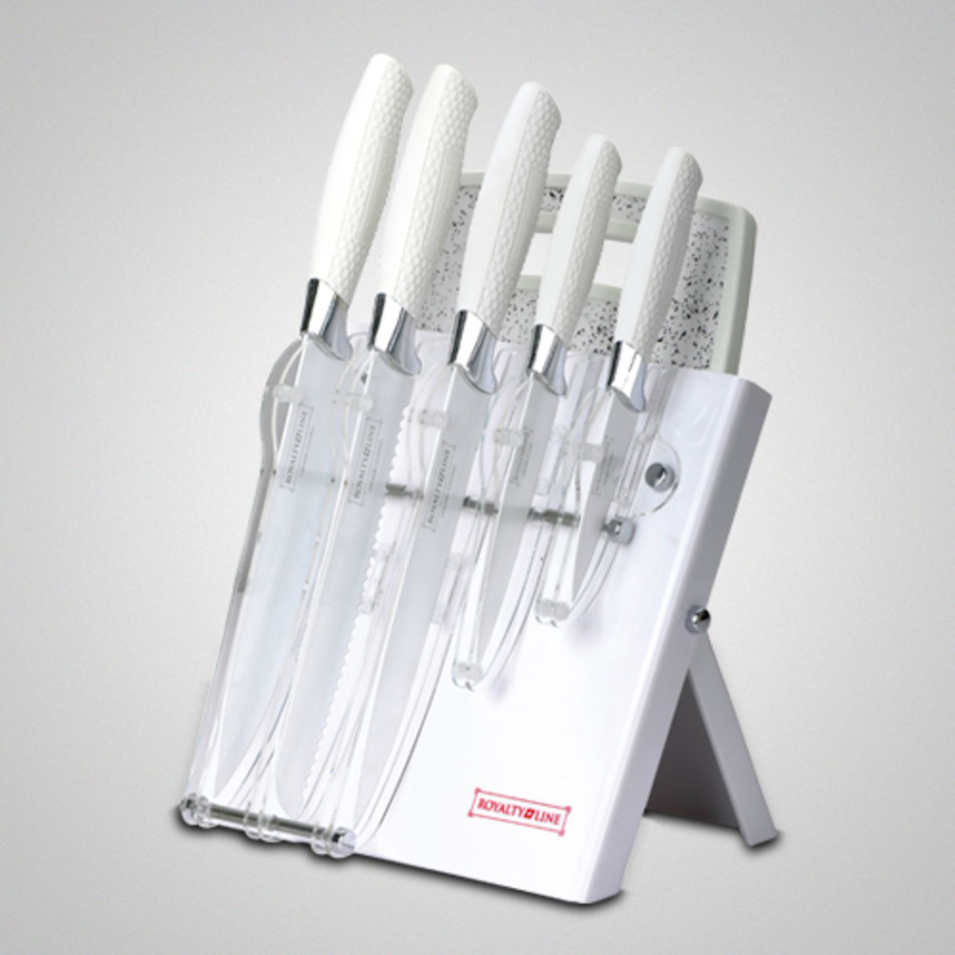 V Brand New 7 Piece White Knife Set With Acrylic Stand And Cutting Board RRP149 Euros