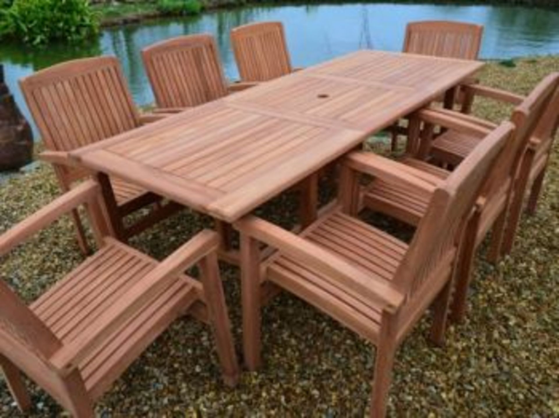 V Brand New Teak Extended Rectangle Table Set Allows For Up To 8 People including 8 stacking