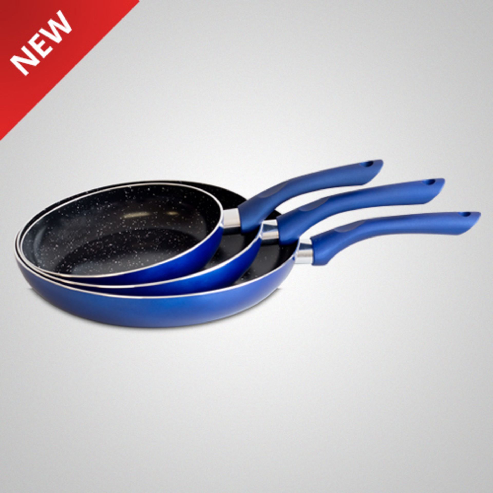 V Brand New Set Of 3 Non Stick Frying Pans Soft Touch Handle Blue RRP 99Euros