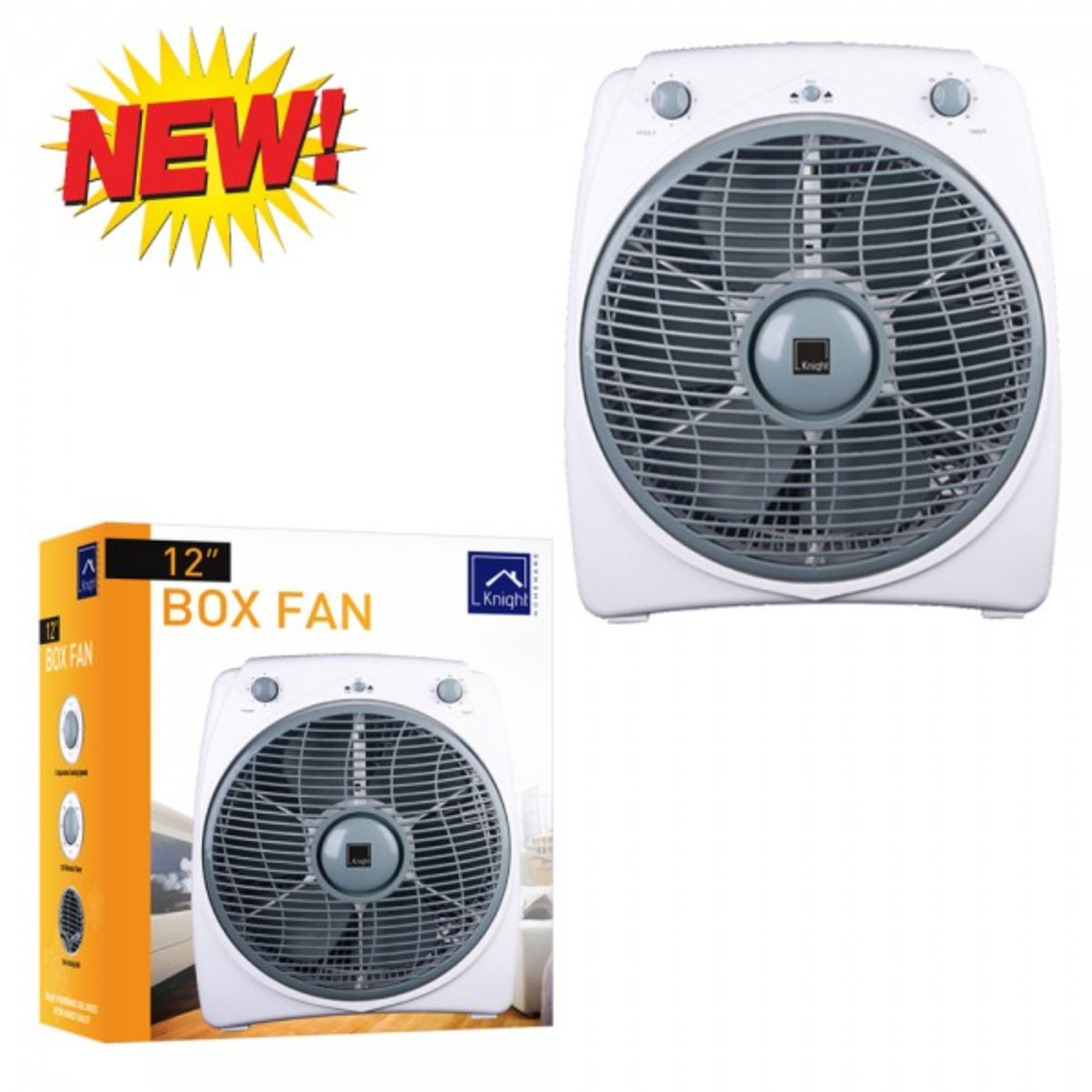V Brand New 12" Box Fan - 3 Adjustable Cooling Speeds - 6 Blades - Rotary Moving Function - Anti