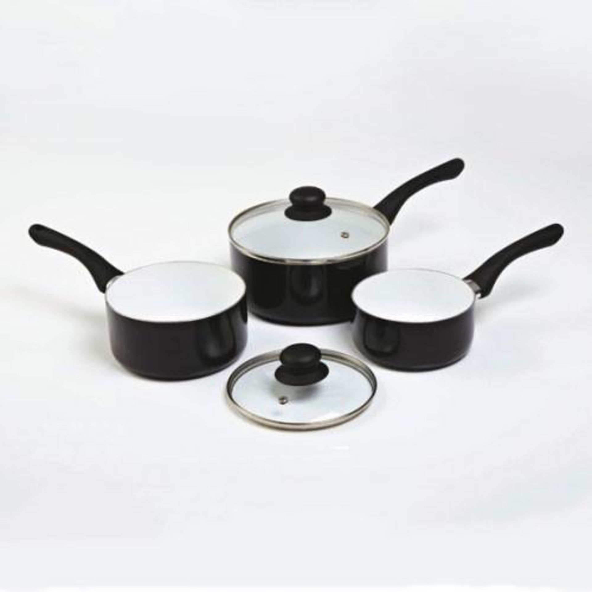 V Brand New Black Three Piece Cermalon Nonstick Ceramic Coating Saucepan Set With Two Lids ISP (£