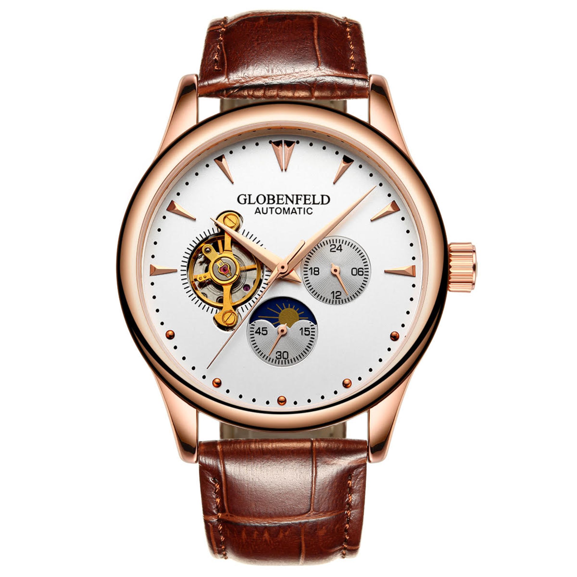 V Brand New Gents Globenfeld Automatic Antique Rose Colour Centurion White Face-Antique Rose