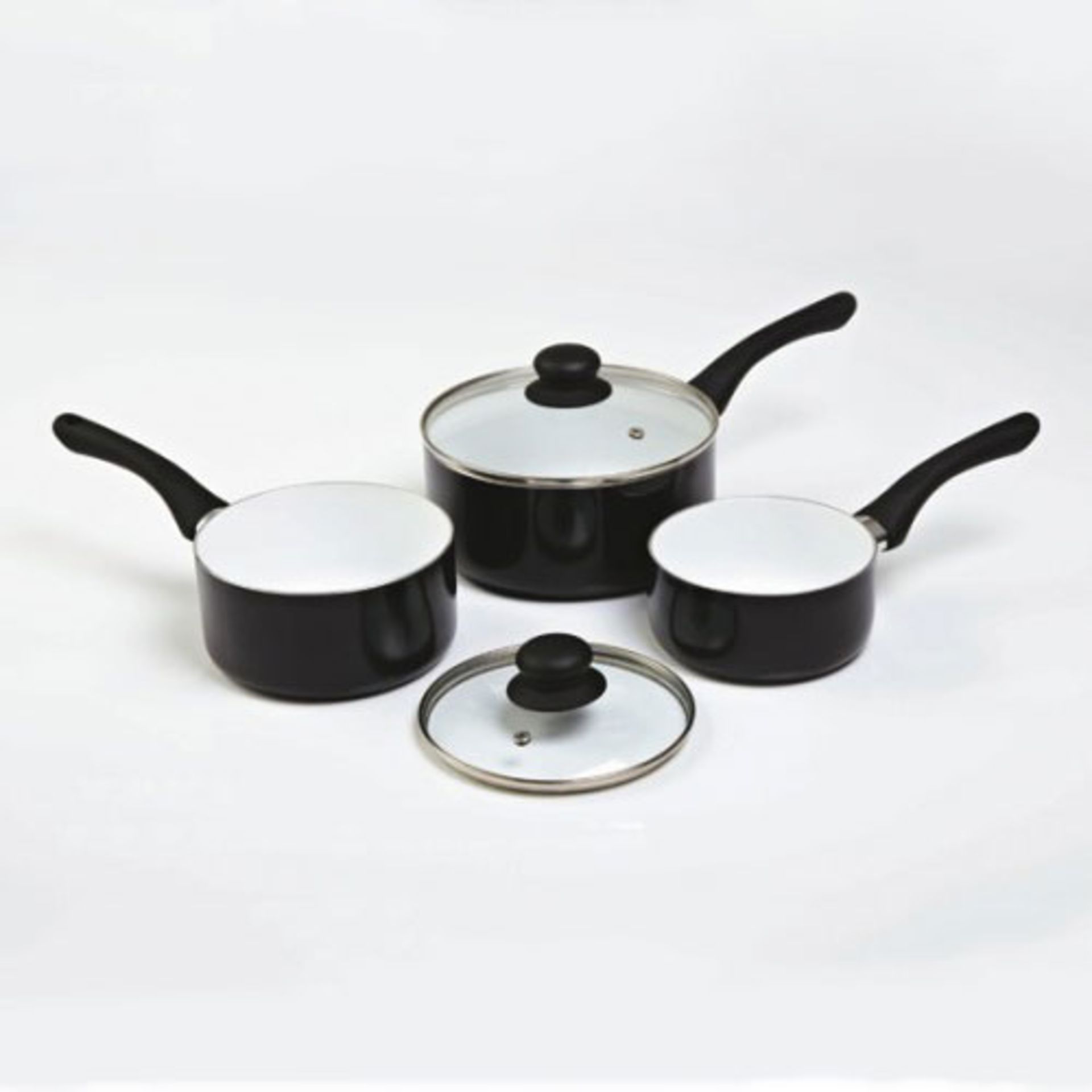 V Brand New Five Piece Cermalon Non Stick Ceramic Coating Green Sauce Pan Set With Glass Lids X 2