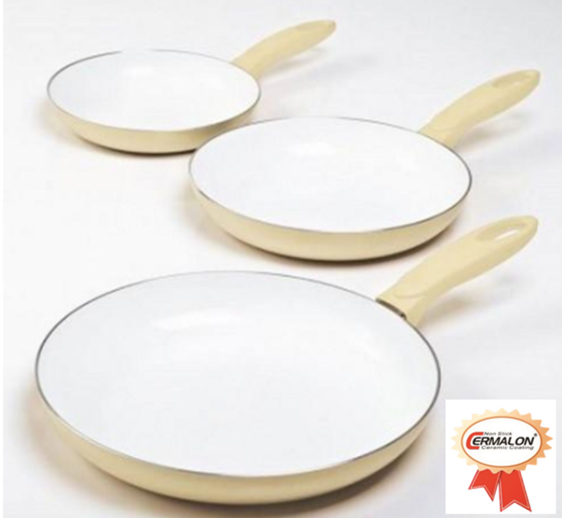 V Brand New K104 / 3 PIECE CERAMIC FRYING PANS ARE EXTRAORDINARILY DURABLE, NON-STICK PANS, ALLOWING