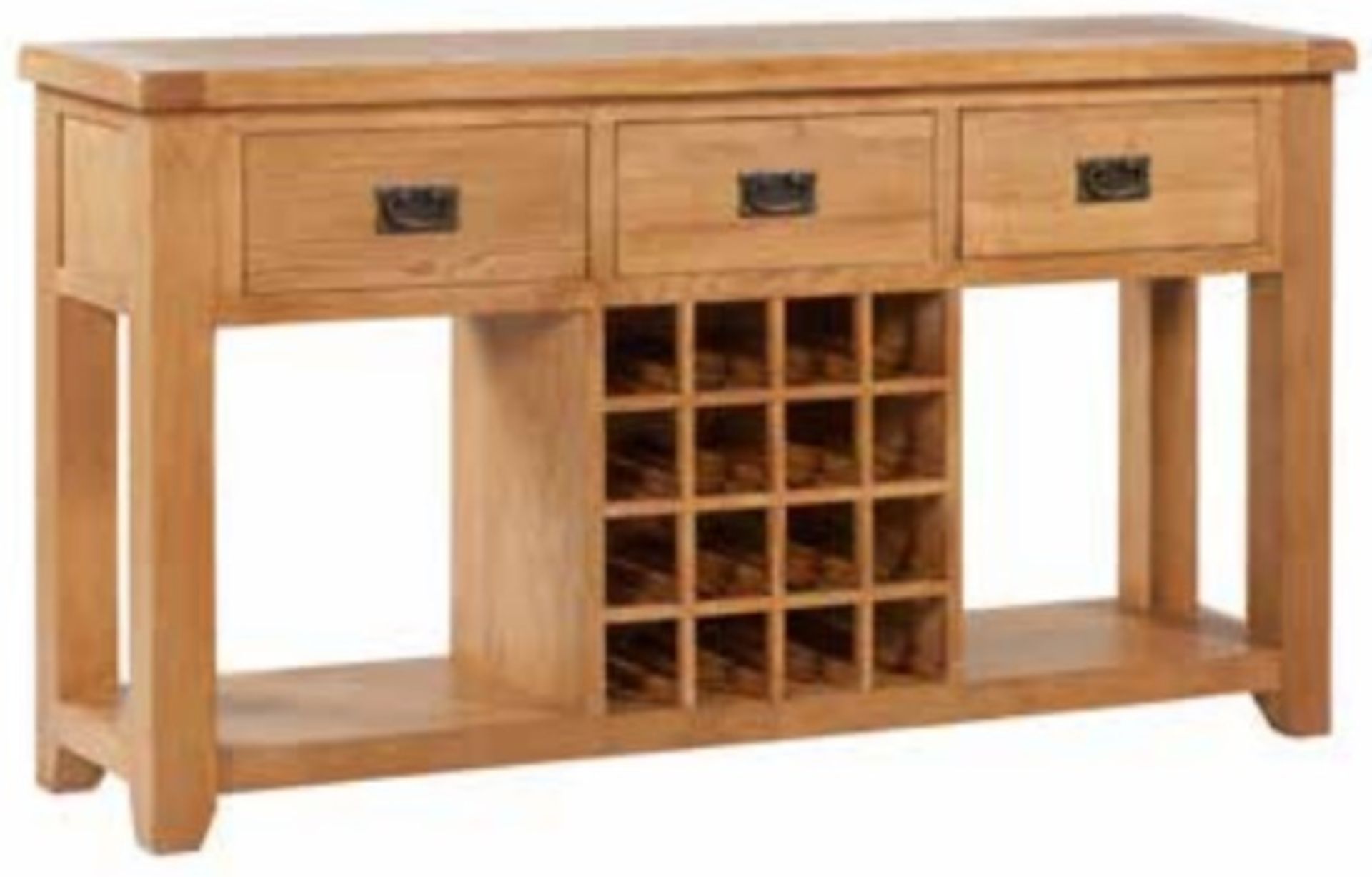 V Brand New Chiswick Oak Open Sideboard with wine rack 149w x 36.5d x 82h cms ISP £329.00 (