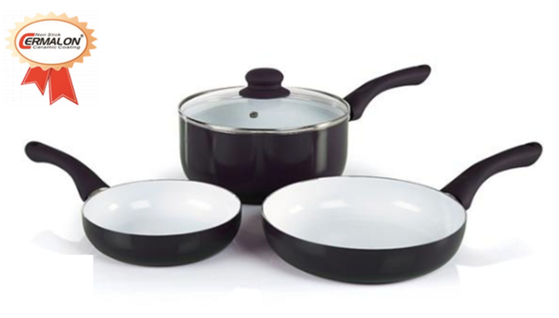 V Brand New 4 PC COOKWARE SET /K129 - 4 PIECE SET: CERAMIC COATED FRYING PAN AND SAUCE PAN SET IS
