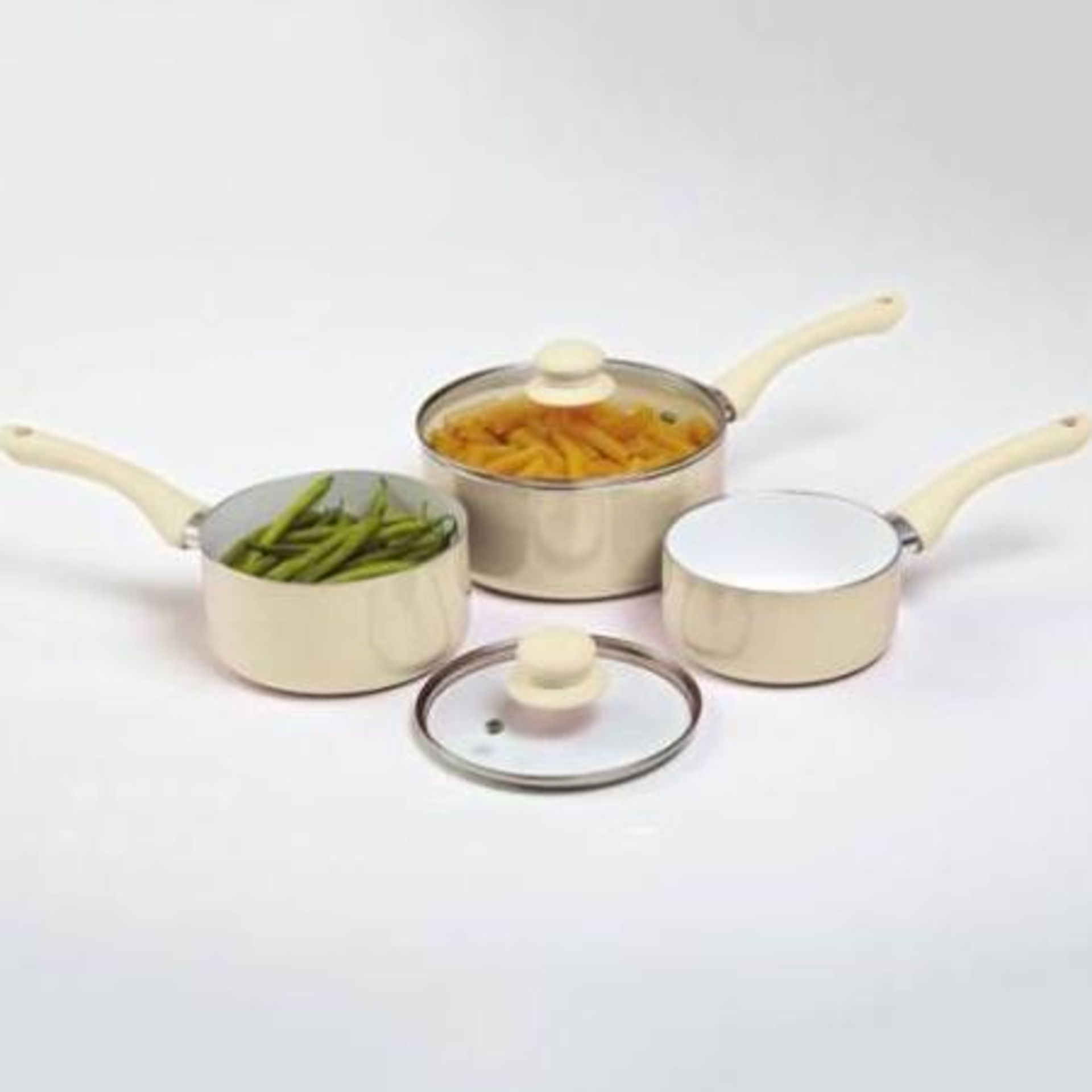 V Brand New Set Three Cream Cermalon Non Stick Ceramic Coating Saucepan Set With Two Lids