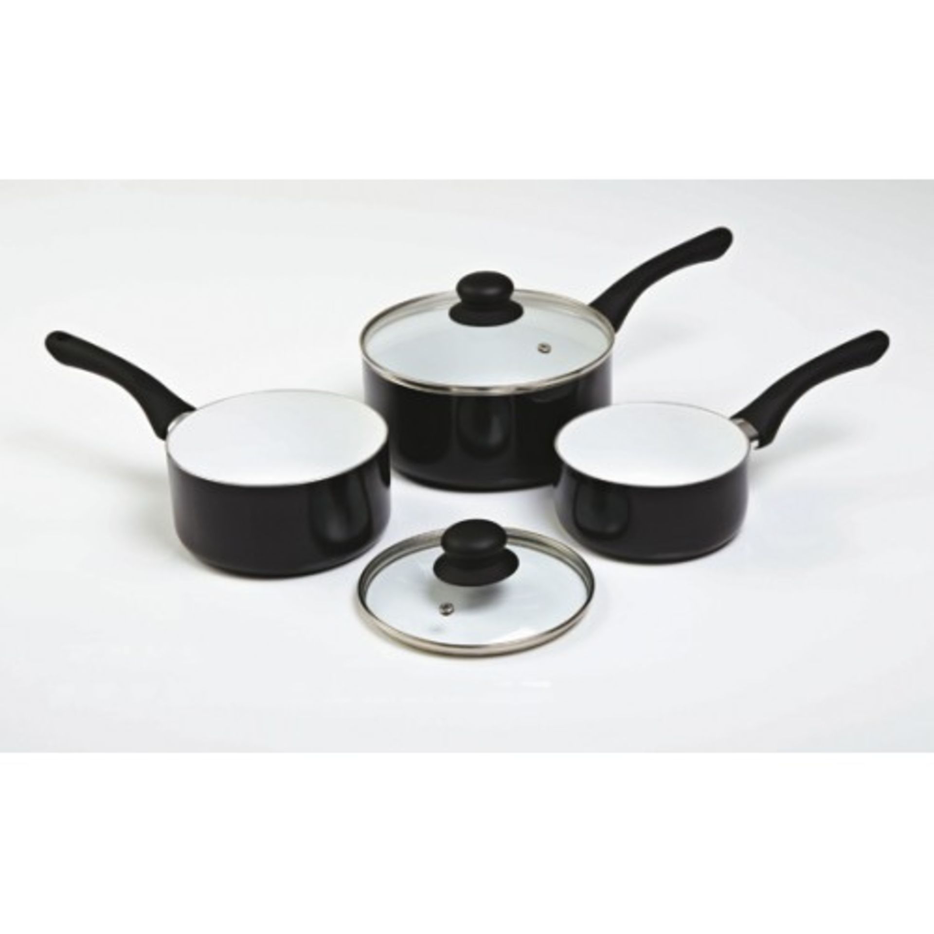V Brand New Set Three Blue Cermalon Non Stick Ceramic Coating Saucepan Set With Two Glass Lids (As