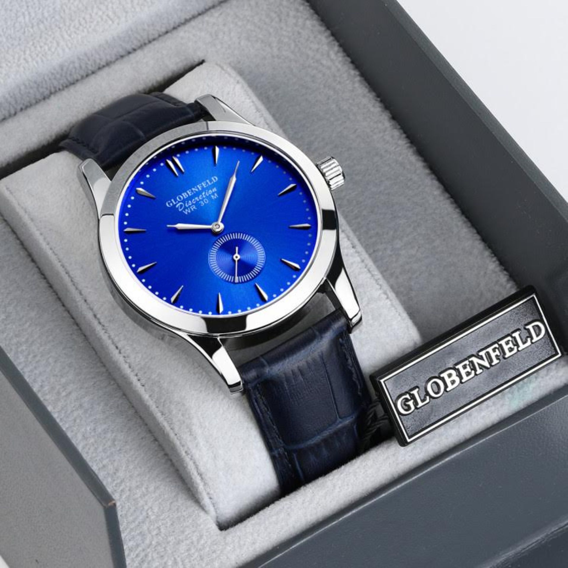 V Brand New Gents Globenfeld Discretion Blue Face - Blue Leather Strap with Box and Papers RRP £