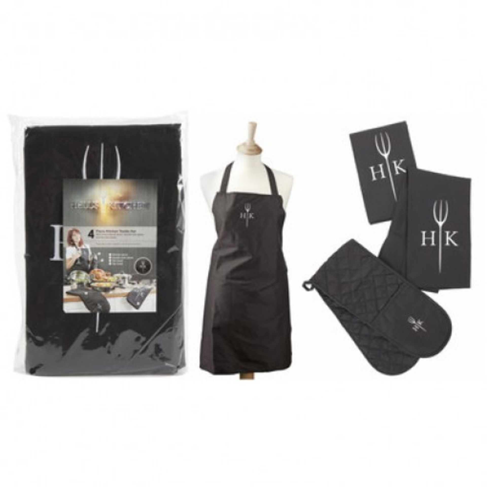 V *TRADE QTY* Brand New Hells Kitchen 4 Piece Kitchen Textile Set inc Double Oven Glove, Two Tea