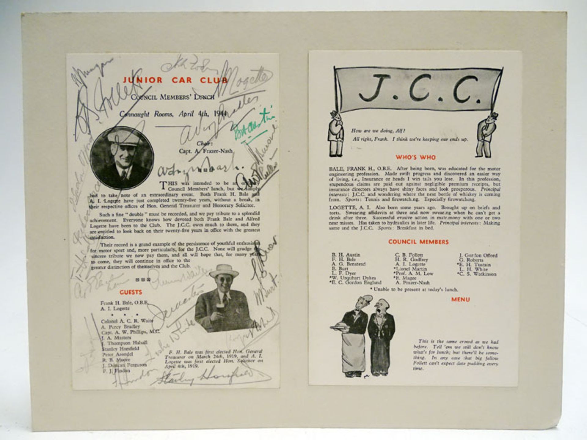 Junior Car Club JCC Brooklands Signed Lunch Menu