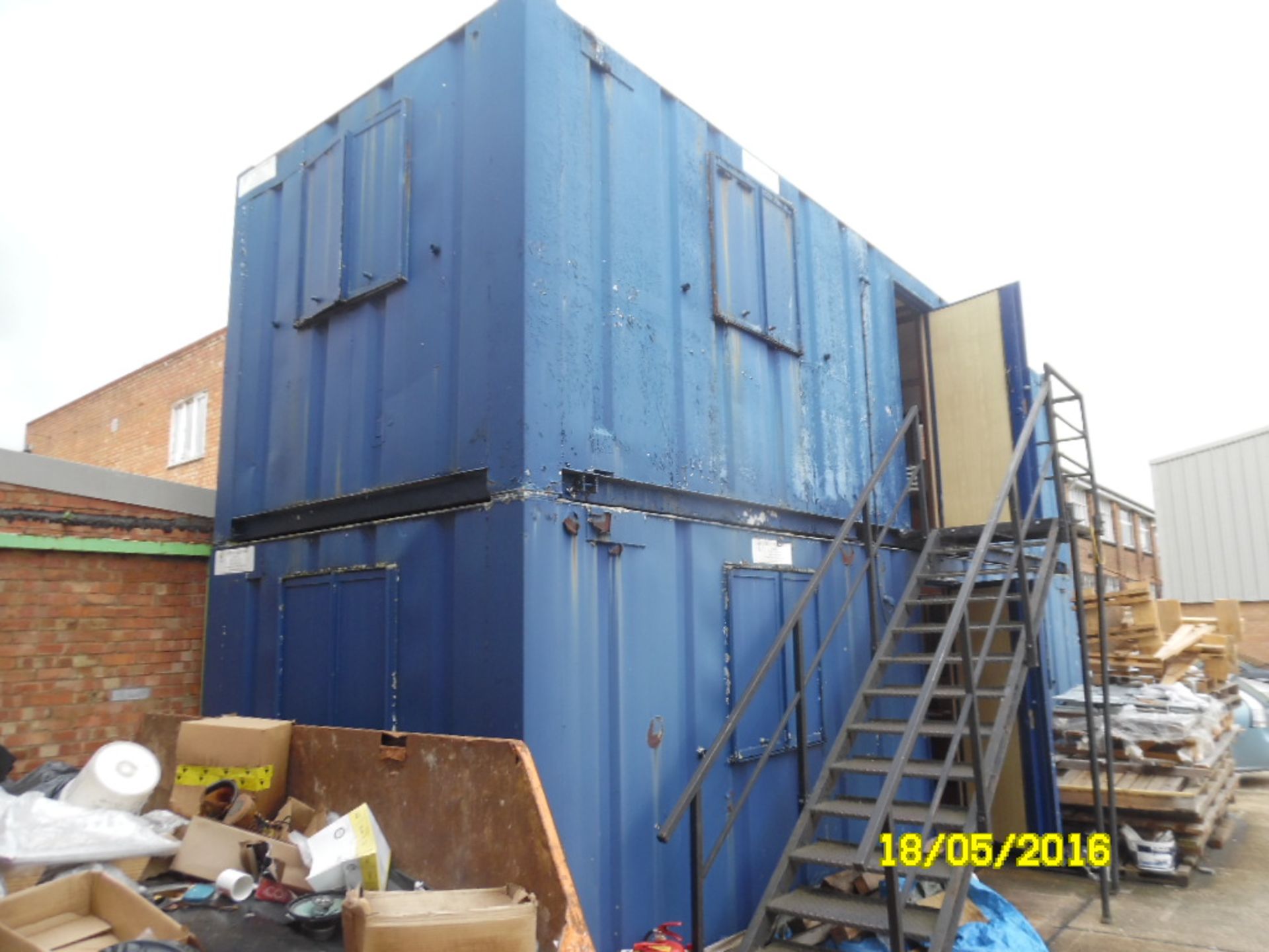 Steel welded container offices x 2, 30ft x 9ft with steel fabricated steps and contents of office