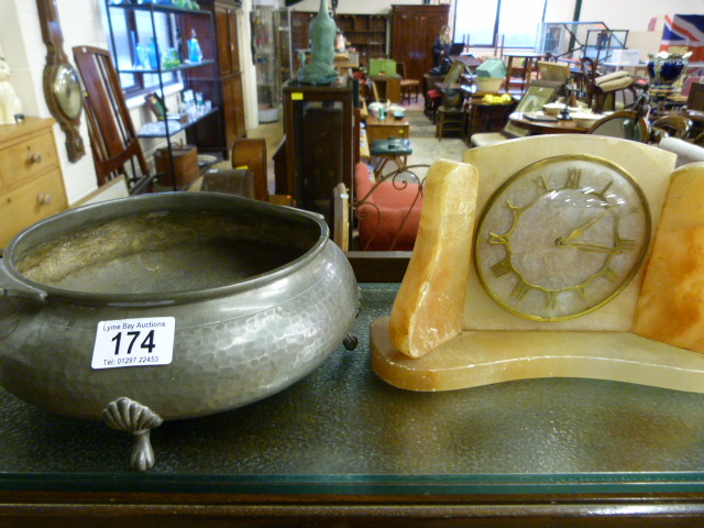 A marble mantle clock and a Pewter dish - Image 2 of 2