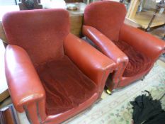 Matched His and Her Leather and red upholstered chairs