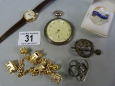 Small quantity of costume jewellery including a silver brooch, 900 marked pocket watch ( A/F) etc.