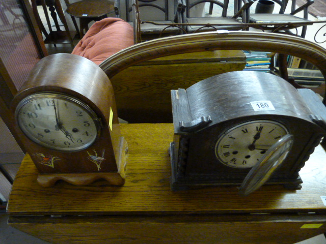 A Westminster chime mantle clock and one other- key and pendulums in office