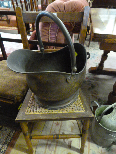 Towel rail,wicker chair and a brass coal bucket