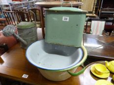 Enamelled bowls, jugs, bread bin and a galvanised watering can