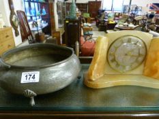 A marble mantle clock and a Pewter dish
