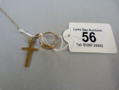 9 ct gold cross on a chain, and a 9 ct ring( approx weight of cross and ring- 2.7g)