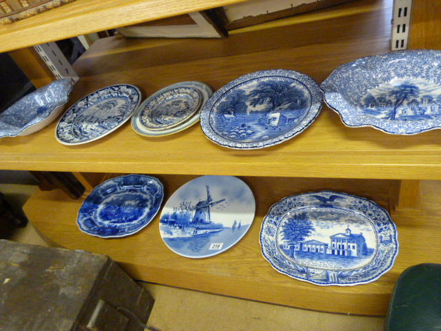 A quantity of blue and white china including a meat plate "Old Court House at White Plains"