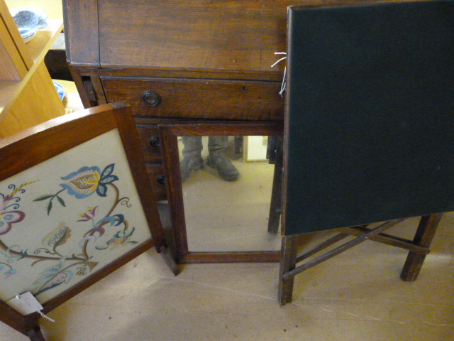 A Fire guard, oak framed mirror and a card table