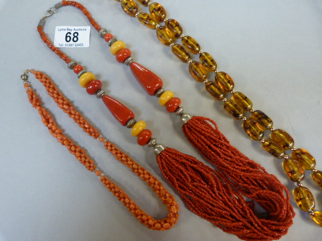 A Coral Necklace, an amber style necklace and one other - Image 2 of 9