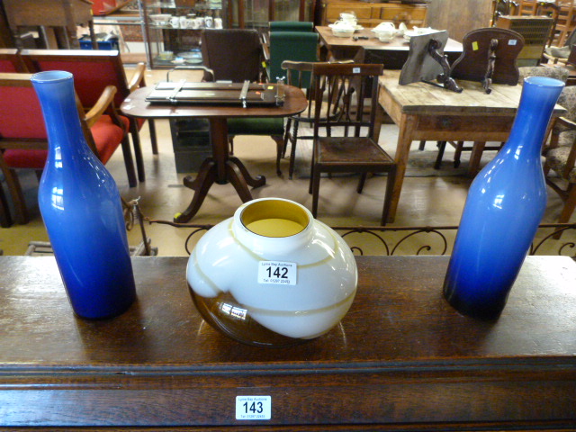 Modern glass vase and 2 blue bottles