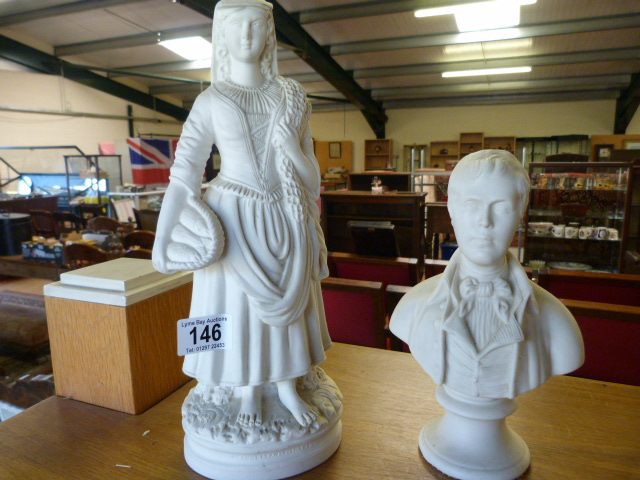 A Parian figure of a girl (marked JW) and a bust of a gentleman