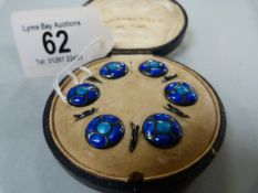 Set of cased "Queensway" art enamel buttons marked Sterling ( possibly made for Liberty & Co.)