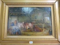 An oil on canvas of cattle in a stable- signed E F Hols( ?) 1908