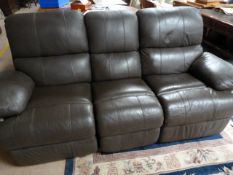 Brown leather three seater reclining sofa