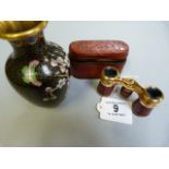 Pair of French opera glasses in leather case and a cloisonne vase