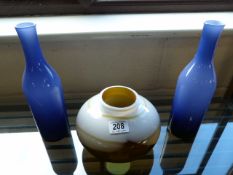 Modern glass vase and 2 blue bottles