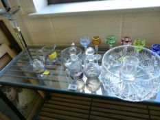 A set of coloured glasses and various other glassware