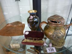 Oriental teapot, Cloisonne vase, glasses and a crumb scoop