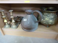 A Copper jug, brass candlesticks, gilt photo frames etc