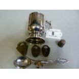 A hallmarked silver spoon, a plated Christening mug , thimble etc.