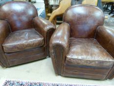 Pair of brown leather 1930's style club chairs