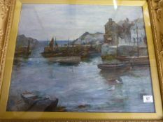 Joshua Anderson Hague 1850 - 1916 - Oil Painting of 'Polperro Harbour' in gilt frame