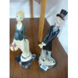 A pair of 50s style lady figurines on marble bases- indistinct signature to reverse