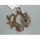 A 9ct gold cross with a chain, along with a 9ct seed pearl pendant