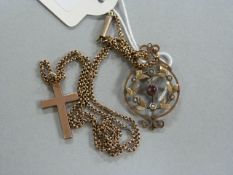 A 9ct gold cross with a chain, along with a 9ct seed pearl pendant